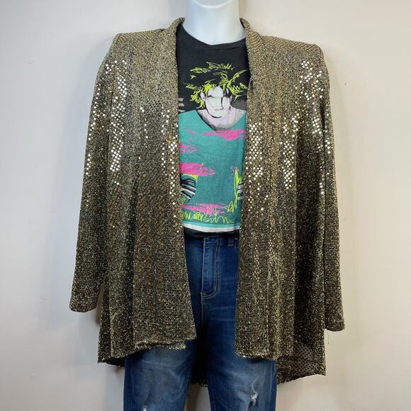 Vintage 90s David Rose Gold Metallic Sequin Sparkling Disco Open Jacket women S - Picture 3 of 10